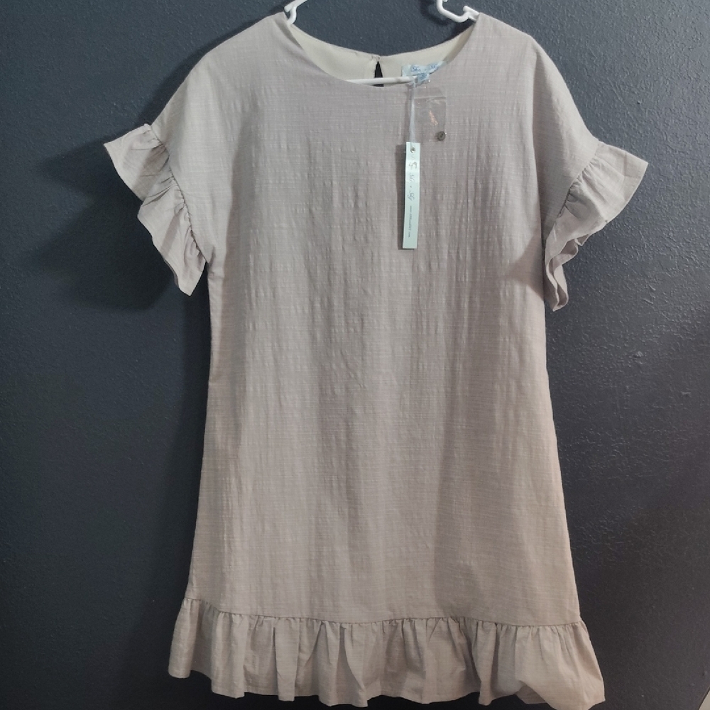 She + Sky Taupe Chic Cotton Feminine Simple Ruffle Dress